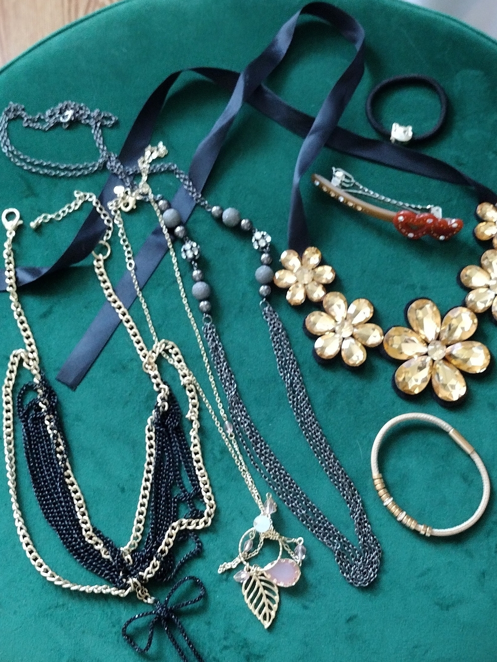 Gold-Tone Flower Ribbon /Assorted Chain Necklaces / Leather Bracelet Jewelry